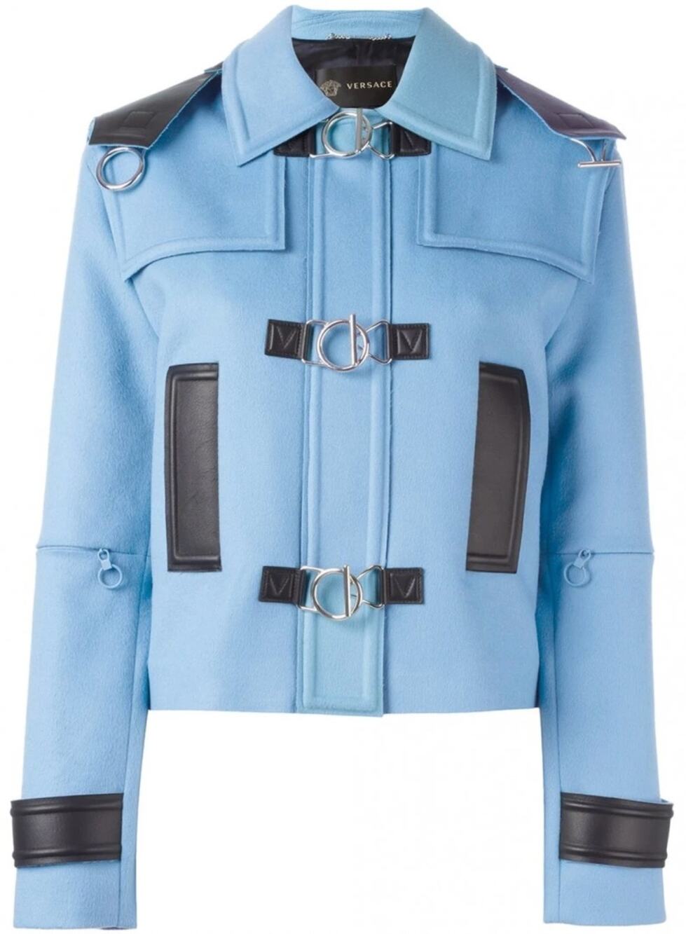 Versace Blue Leather Trimmed Contrast Boxy Wool Raw Hem Jacket Size IT 36/US 0